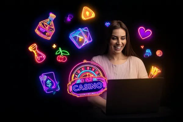 LINEBEF Games — Explore our rich library of casino classics A woman smiling while playing online games on her laptop, surrounded by neon casino elements, showcasing LINEBEF’s diverse game collection.