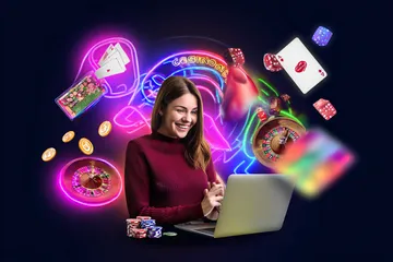 LINEBEF Games — Discover modern slots and table adventures A man celebrating a winning moment on his laptop while gaming symbols float around him, capturing the excitement of LINEBEF games.